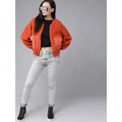 Women Orange Sherpa Jacket-M